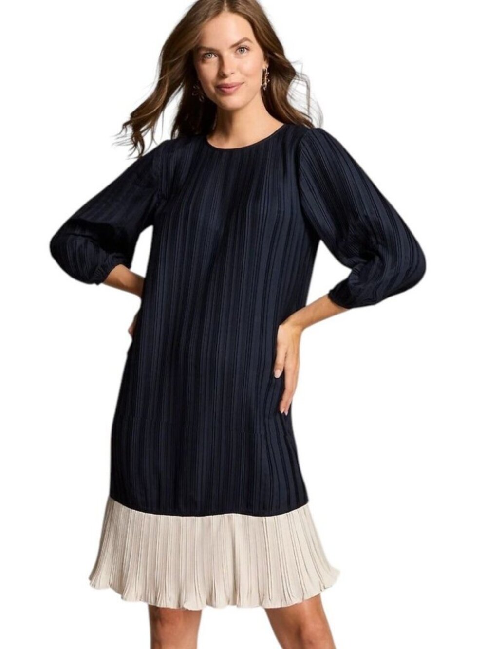 J. Jill Wearever Collection Pleated Shift Dress 4X Navy Cream